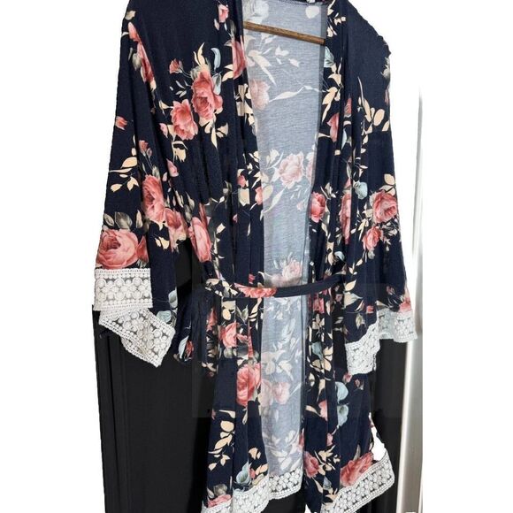 Pink Blush Open XL Dark Floral Oversized Kimono Lace Trim Spring Fairy Cottage - Picture 1 of 8